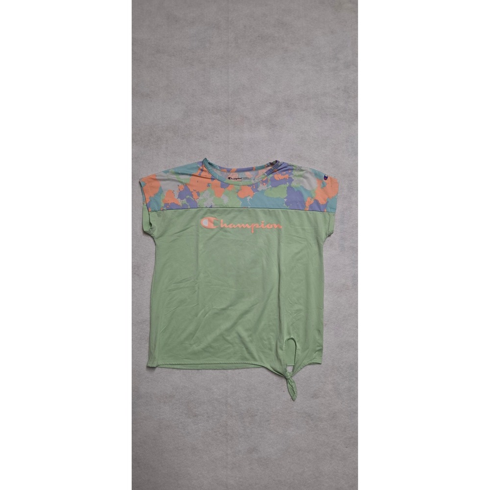 Champion Girls Size 14/16 Green Abstract Print Side Tie Short Sleeve Top